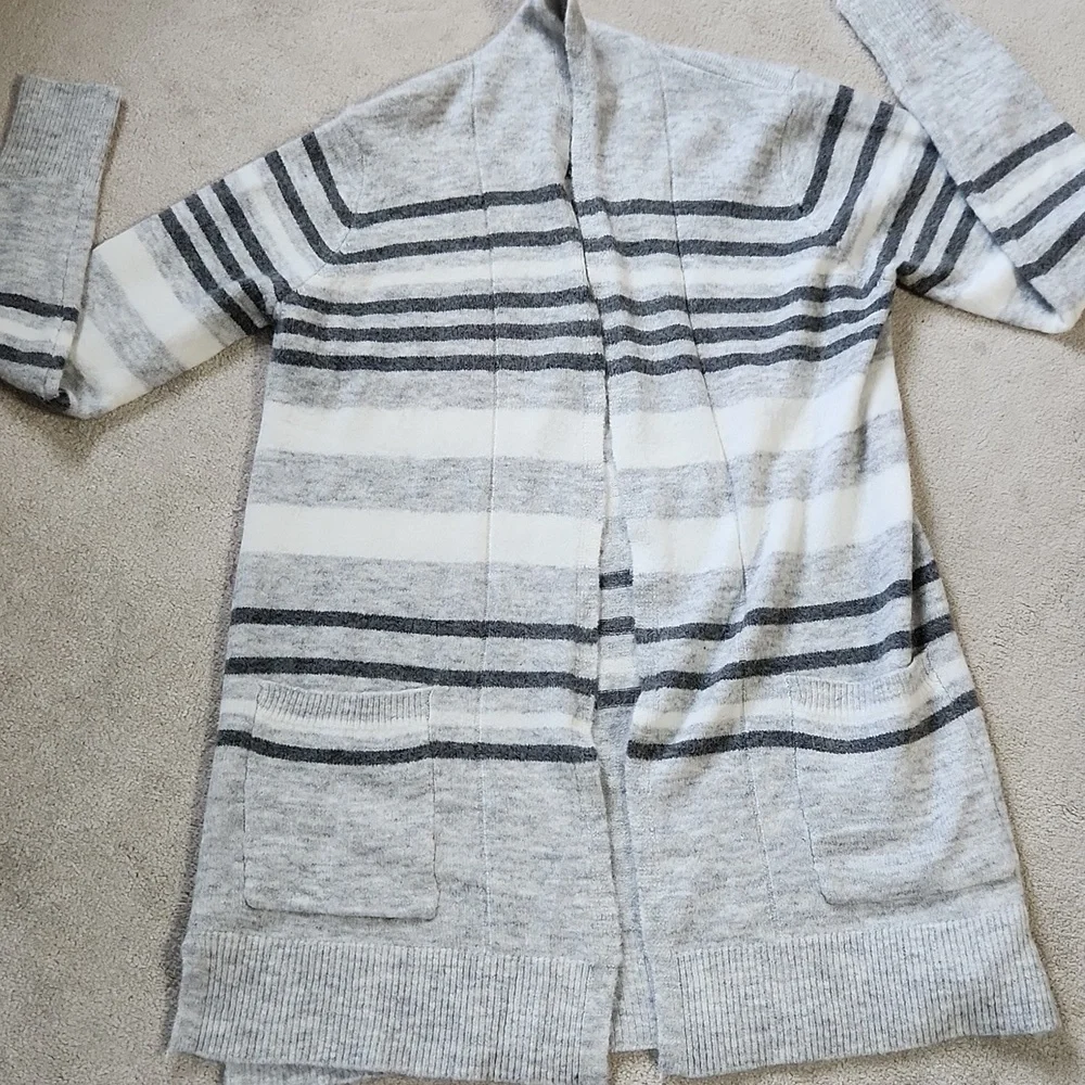 Gray and Cream Striped Cardigan Sweater-small